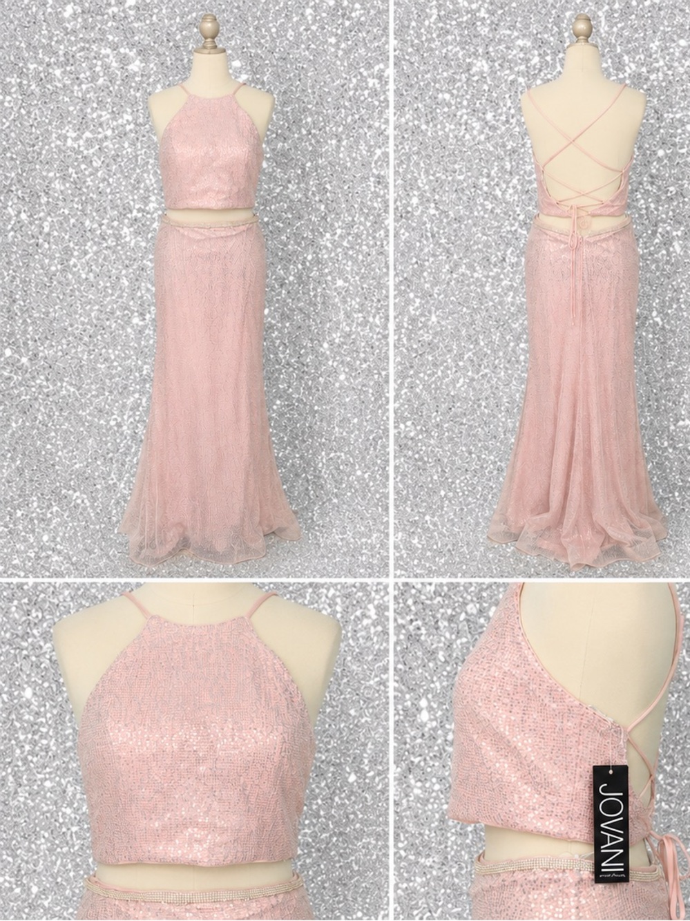 Jovani 68398 Pink Sequin Two-Piece Lace-Up Back Dress Gown Size 20 NWT
